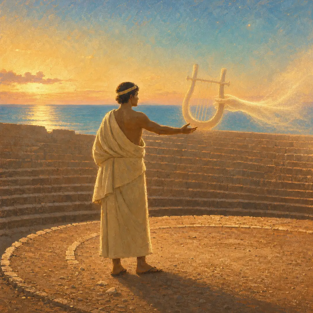 Sunlit Apparition — Thamyris reaches toward an ethereal lyre in the amphitheatre.